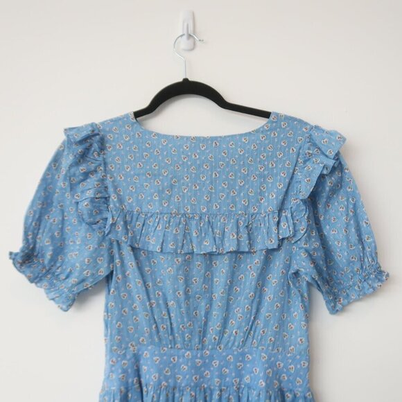 LoveShackFancy Floral Peasant Midi Dress Blue Short Sleeve Size 2 - Picture 4 of 8